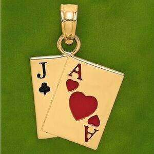 14K Yellow Gold Black Enamel Jack Of Clubs Red Ace Of Hearts Cards Charm Pendant